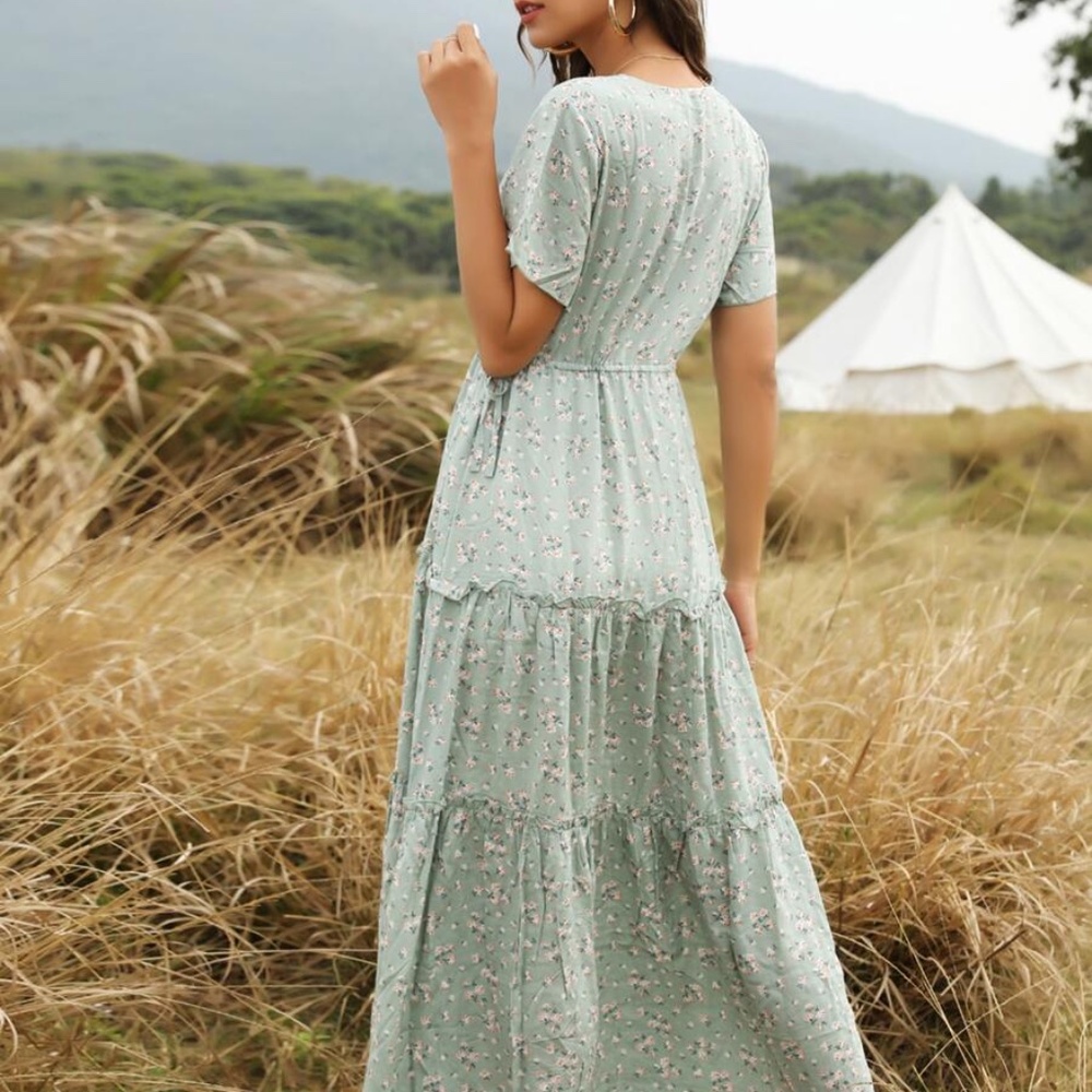 019 Boho Sage Green Floral Print Ruffle Midi Dress - Picture 3 of 5